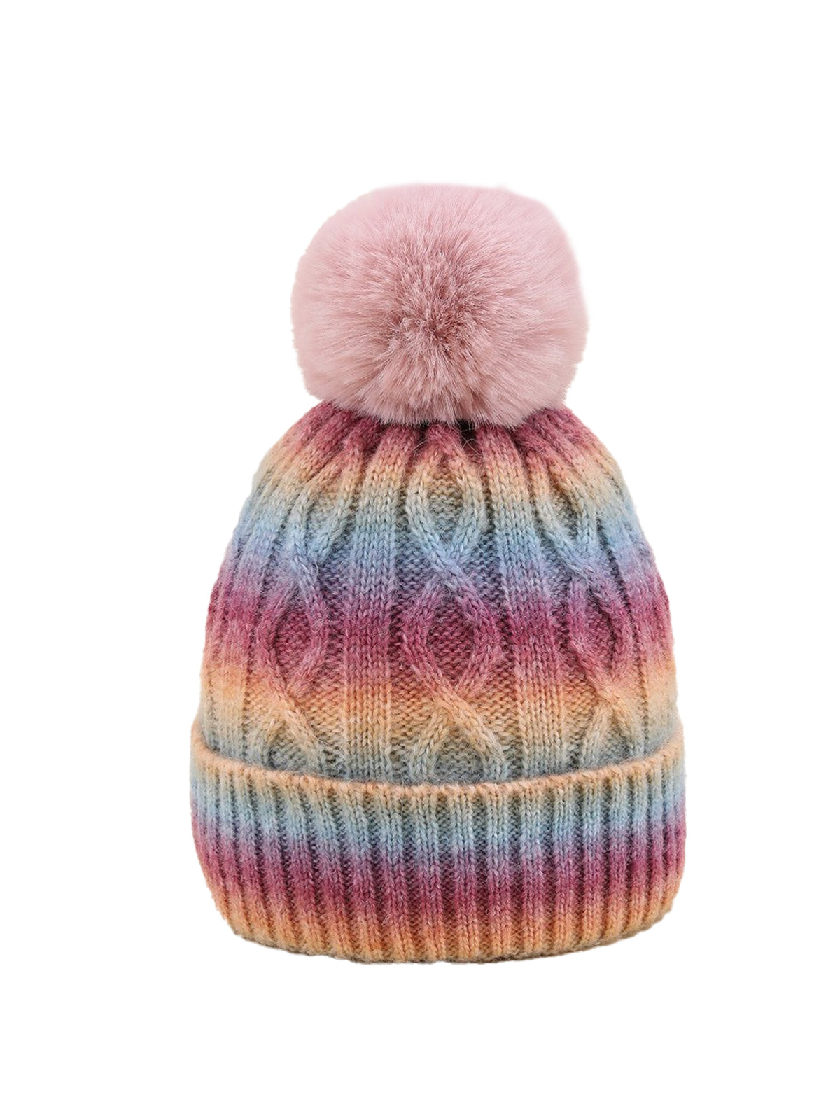 Pom-pom without embroidery – winter beanie, Dark rainbow