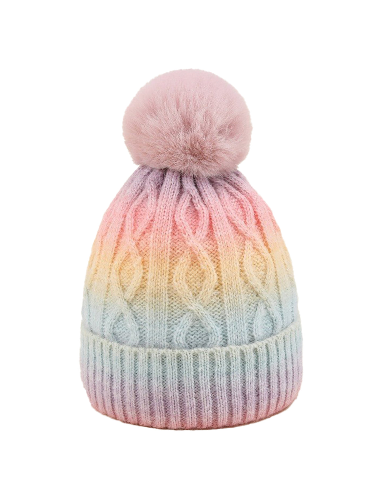 Pom-pom without embroidery – winter beanie, Light rainbow